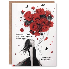 Artery8 Birthday Card Gothic Girl Red Roses Dreams Come True Weird For Her Gran Sister Niece Daughter Wife Woman Greeting Card