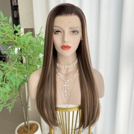VASTCURY Dark Brown Wigs Highlight Blonde Ombre Color 13x4 Synthetic Fiber Lace Front Wig Long Silky Straight 22Inch Pre Plucked Hairline for Women