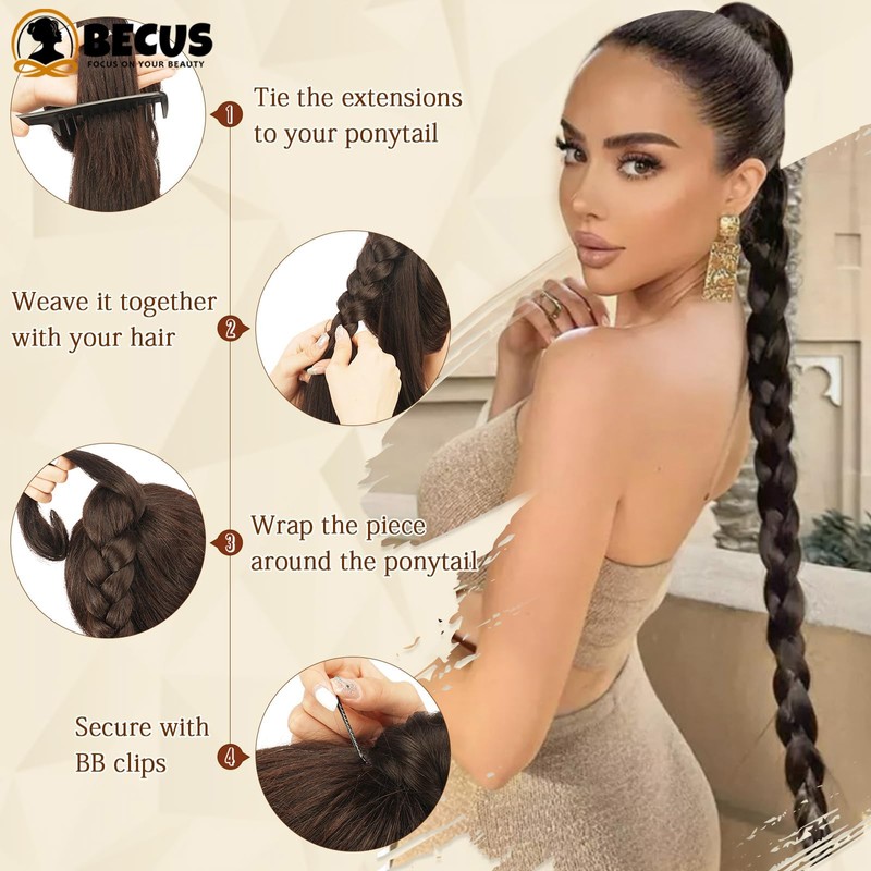BECUS Long Braid Ponytail Extension with Elastic Tie Straight Sleek