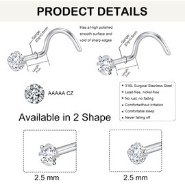 20G Nose Rings Studs for Women 10pcs Corkscrew Sliver Nose Studs Hypoallergenic Nose Rings 316L Surgical Stainless Steel Nose Nostril Percing Jewely for Women Men Round Square CZ Imitation Diamond1.5mm/2.0mm/2.5mm/3.0mm (20G-corkscrew-sliver-2.5mm)