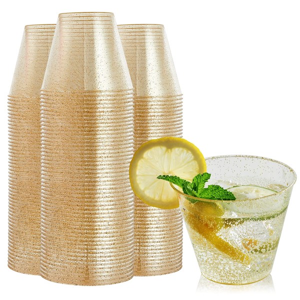 FOCUSLINE 100 Pack Gold Glitter Plastic Cups 9 oz Clear Plastic Cups Tumblers, Fancy Disposable Hard Plastic Cups with Gold Glitter for Wedding Cups Elegant Party Cups