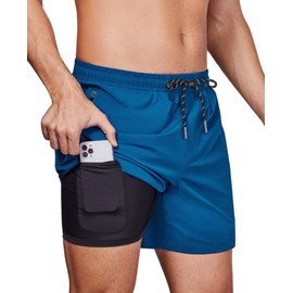 Alimens & Gentle Mens 5" Swim Trunks with Zipper Pocket 2 in 1 Swim Shorts with Compression Liner Solid Quick Dry Beach Shorts Peacock Blue