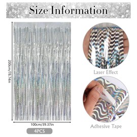 Vaktop 4pcs Foil Curtain, Silver Tinsel Curtain, Metallic Foil Fringe Curtains, Hanging Door Streamers for Birthday Party Wedding Holiday Graduation Bridal Shower Backdrop Decoration (3.3 x 6.6ft)