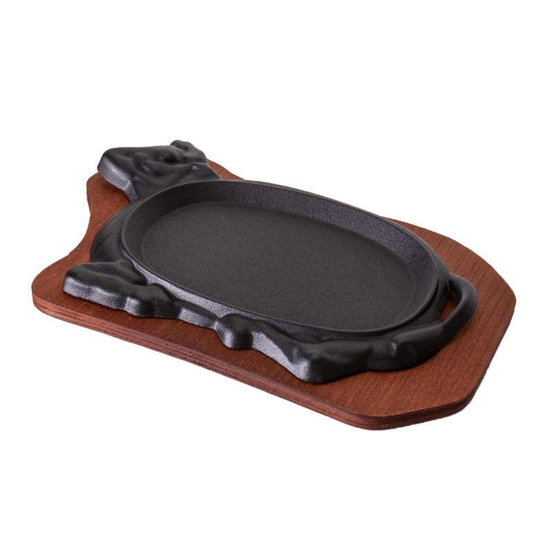 Cast Iron Steak Plate Sizzle Griddle With Wooden Base Steak