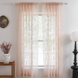 FINECITY Blush Lace Curtains 84 Inch Length - Rustic Country Floral Design Lace Curtain 2 Panels Set for Girls Bedroom, Privacy Scalloped Vintage Lace Window Curtains, 52 x 84 Inch, Blush Pink