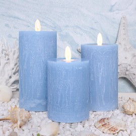 Rustic Blue Flameless Candles with Remote Control & Timer Function Real Wax Ocean Pillar LED Candles Rough Texture Design Battery Candles for Home Party Wedding Christmas Nautical Decor Set of 3