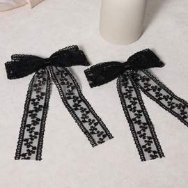 Black Lace Hair Bow Clips for Women Bridal Flower Girls Wedding Accessories Large Long Tail Lace Ribbon Bow Alligator Hair Pins Barrettes Birthday Communion Bachelorette Party Gift 5.5"