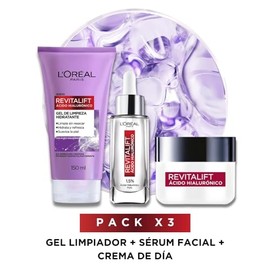 L'Oreal Paris Rutina facial hidratante Revitalift Ácido Hialurónico (3 piezas): Sérum facial 30ml + Gel limpiador 150ml + Crema de día FPS20 50ml. Hid