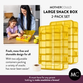 Large Kids Snack Box Containers Set of 2 -100 Labels, BPA-Free, Adjustable Compartments, Dishwasher Safe, Reusable Tray, Food Grade, Meal Prep Container, PARENT TESTED PARENT APPROVED AWARD (Yellow)