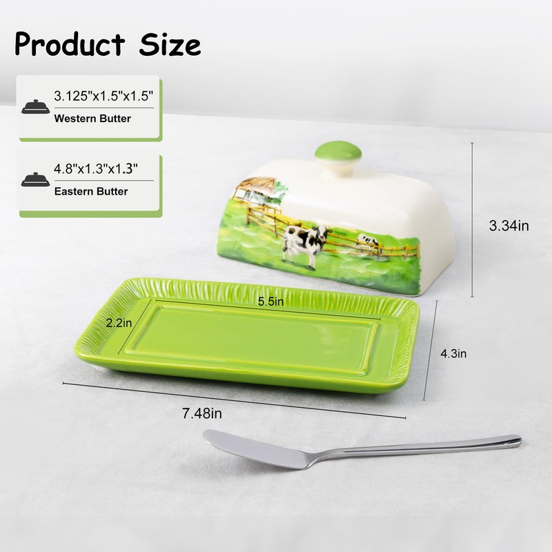 Cow Butter Dish with Lid for Countertop, Large Ceramic Embossed