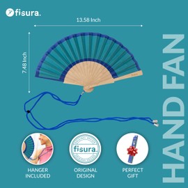 Fisura – Original Fan with Green and Blue colors. Modern, Colorful Wooden Handheld Fan. Includes Hanging Strap. Dimensions: 34.5 cm x 22.9 cm