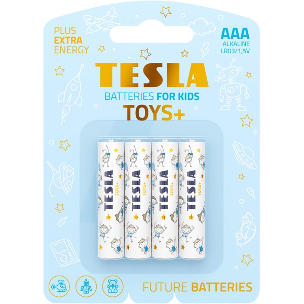 TESLA TOYS+ - Baterías alcalinas AAA de máxima potencia, 10 años de vida útil, una batería de larga duración, sin fugas, LR03, 4 unidades [paquete de 1]