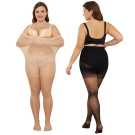 RubyRunk 2 Pairs Plus Size Sheer Tights for Women 20D,XL-4XL Ladies High Waist Control Top Pantyhose with Reinforced Toes (XL, Black+Nude)