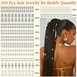 300 Pcs Silver Hair Jewelry for Braids,12 Styles Dreadlock Accessories, Adjustable Metal Hair Clips, Hair Cuff Coils Rings Braiding Decorations for Wo