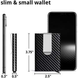 Slim Wallet for Men with Money Clip and Credit Card Holder, RFID Blocking Carbon Fiber Wallet,Minimalist Pop-Up Metal Front Pocket Wallet(Black/Modern)