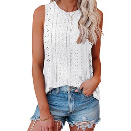Bliwov Womens Summer Tank Tops Eyelet Embroidery Shirts Sleeveless Casual Beach Vacation Clothes Scoop Neck Basic Top White