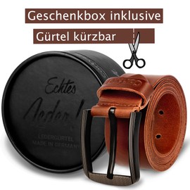 Cartvelli Men's Genuine Leather Belt, Black, 40 mm, Made in Germany, Gift Box, Men's Belt Buckle Matte Black, cognac brown