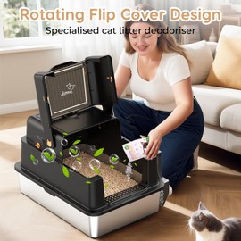 L8 Max-XXXL Stainless Steel Litter Box with Lid, 28" L x 20.5" W x 17.4" H Large Cat Litter Box for Big Cats, Cat Litter Deodorizer Included, High Sided Enclosure with Scoop & Mat, Anti-Leakage-Black