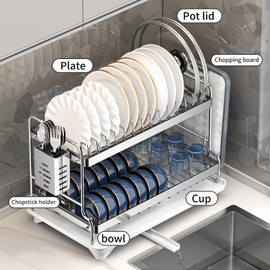 LIZWETEC Dish Drying Rack, Double Layered countertop Kitchen Organizer with Drainage Large Bowl Rack and Storage Rack with Drainage Board, Suitable for Kitchen Bars (Silver)