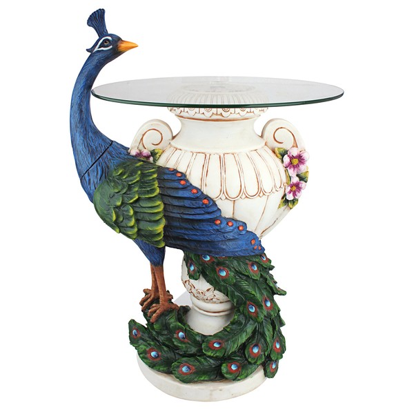 Design Toscano Staverden Castle Peacock Glass Topped Side Table, 17 Inches Wide, 16 Inches Deep, 25 Inches High, Handcast Polyresin, Full Color
