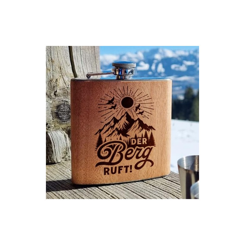 The Mountain Calls Hip Flask Wood with Engraving. Gift Skiing