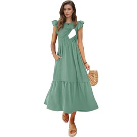 CzzzyL Women's Nursing Dress Breastfeeding Flutter Short Sleeve Crew Neck Smocked Elastic Waist Tiered Bridal Midi with Pockets(Sage Green,Small)