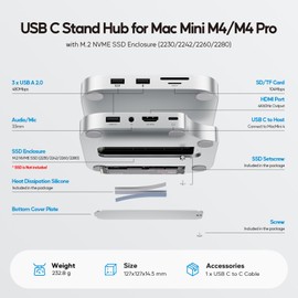 PULWTOP 9 in 1 USB C Hub for Mac Mini M4/ M4 Pro 2024 Capacity Expansion Accessory with M.2 PCIe SSD Slot, 1 x HDMI 4K 60Hz, 3 x USB-A 2.0, 1 x 3.5mm Audio & Mic, 1 x USB-C to Host, 1 x SD/TF3.0 Card