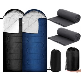 Tranqun 4 Pcs Sleeping Bags for Adults with Fleece Cotton Liner, Warm Portable Waterproof Lightweight with Compression Sack for Spring Camping Hiking Travel (Black,Dark Blue)