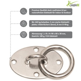 eaglefit - Wall & Ceiling Bracket Made of Stainless Steel up to 160 kg Load Capacity - Bracket for Sling Trainer, Punch Bag, Hammock, Swing, Hanging Chair, Hanging Chair - Solid Ceiling Hook Wall