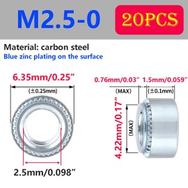 Qrity 20Pcs Rivet Nuts, M2.5-0mm Self Clinching Nuts, Carbon Steel Threaded Press Insert Nutsert Fastener