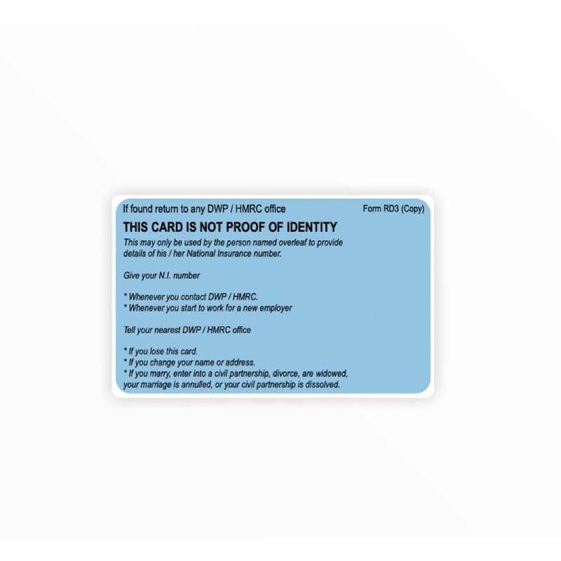 Custom Printed Replacement National Insurance Number Card Hard Plastic Card