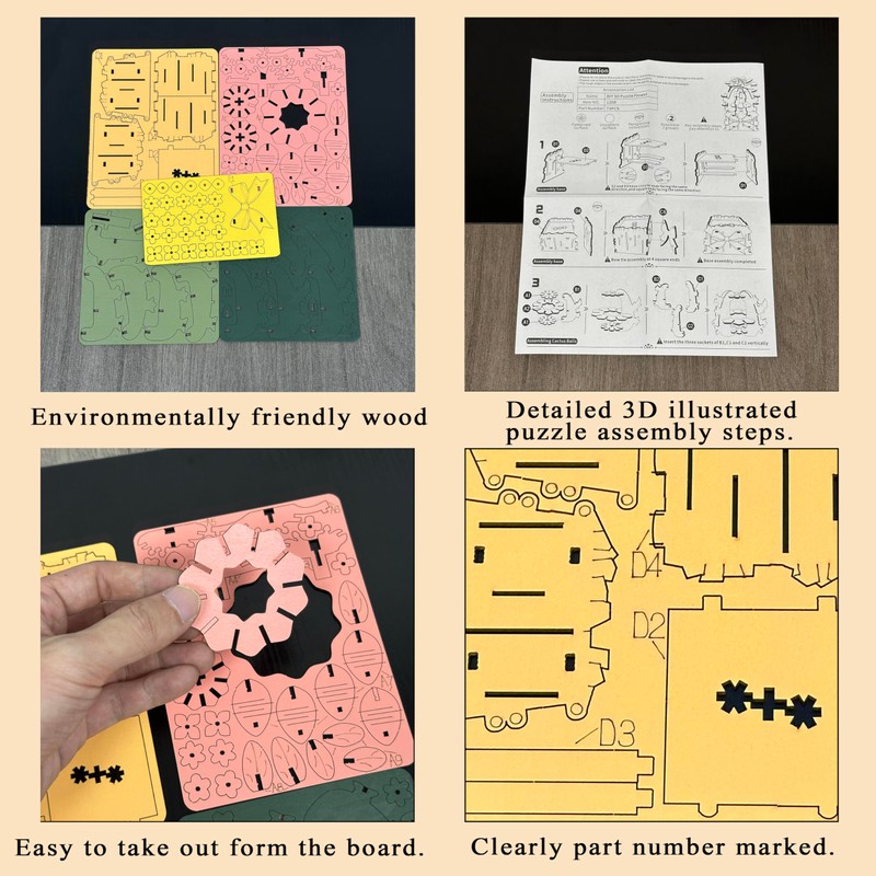 3D Flower Wooden Puzzles for Adults DIY Wooden Flowers Model