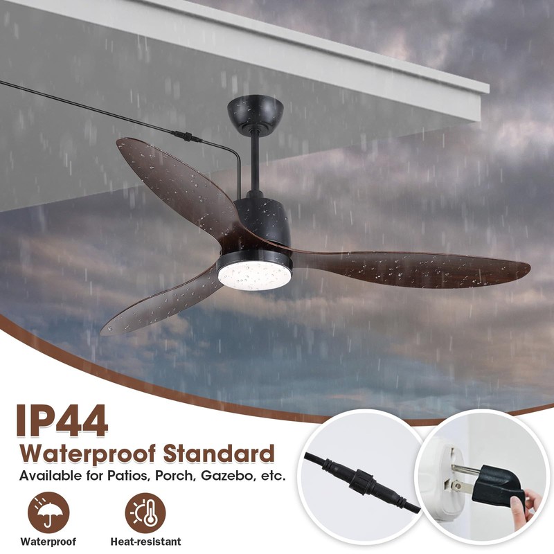 Kinyaras 52" Outdoor Ceiling-Fan with Light: Plug-in Waterproof Hanging Fans,