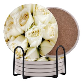 Roses Rose White Round Coasters Set of 6 - Abosrbent Ceramic Coasters with Metal Stand for Drinks, Coffee, Non-Slip Cork Back for Tabletop Protection, 4 Inches (White)