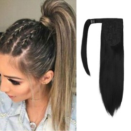 SEIKEA Clip in Ponytail Extension Wrap Around Straight Hair for Women (12", Black)