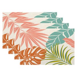 Summer Monstera Palm Leaf Placemats Set of 4, 12x18 Inch Green Coral Orange Tropical Botanical Table Mats Farmhouse Holiday Decorative Table Placemats for Party Home Kitchen Dining Table Decor