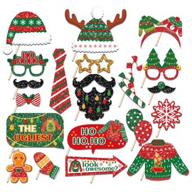 20 Pcs Christmas Ugly Sweater Photo Booth Props Xmas Theme Santa Claus Hat Reindeer Photo Props Selfie Photography for Xmas Winter Holiday Birthday Party Decorations Supplies