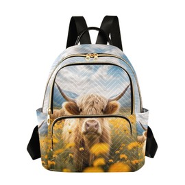 Mnsruu Yellow Flowers Highland Cow Backpack Women Laides Rucksack School Bags Lightweight Shoulder Bag Daypack for Womens, Ladies & Girls M