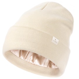 YANIBEST Satin Lined Beanie for Women Reduce Frizz Winter Hats for Women Men Silk Lining Soft Slouchy Warm Cuffed Less Static Beige
