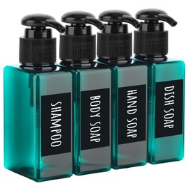 Segbeauty Set of 4 Square Pump Bottles, 3.4oz 100ml Mini Plastic Hand Soap Dispenser with Labels, Refillable Press Bathroom Shower Bottles Empty Lotion Soap Dispenser Travel Containers Cosmetic Cans