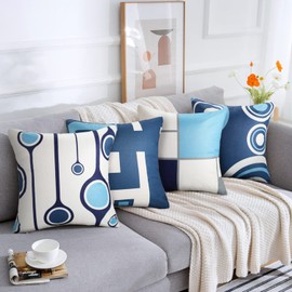 Set of 4 Cushion Covers, 40 x 40 cm, Modern Decorative Cushion Covers, Blue and White, Simple Geometric Cushion Covers, Abstract Decorative Cushion Covers, Linen Sofa Cushion for Bedroom, Living Room,