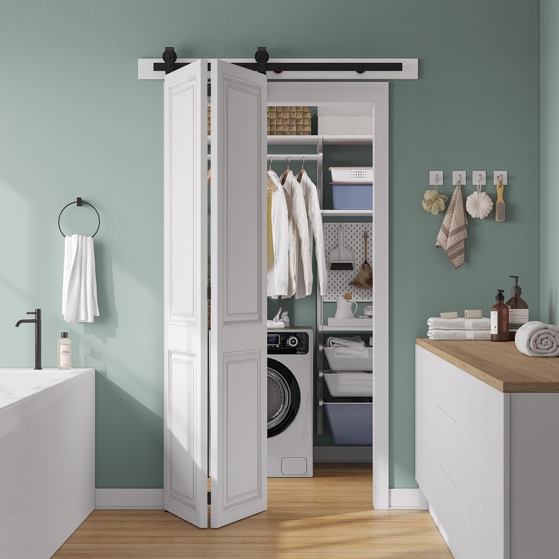 SMARTSTANDARD 60" Bifold Sliding Barn Door Hardware Kit, 5ft Top
