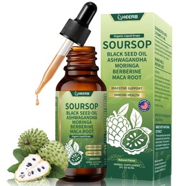 HEERB Soursop Bitters Liquid Drops Extract Organic Graviola Fruit & Leaf with Black Seed Oil Ashwagandha Moringa Bitters for Digestion Immune Health Liver Cell Support Antioxidant,2 Fl Oz 60ML