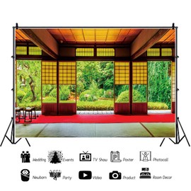 OERJU 8x6ft Japan Chinese Traditional Residence Backdrop Asian Style Living Room Household Photography Background Garden Trees Interior Decoration Wallpaper Adult Portrait Photo Vinyl Studio Props
