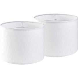 Set of 2 Pure White Linen Drum Lamp Shade 13" Top x 13" Bottom x 10" High (Spider) Contemporary Lamp Shades for Table Lamps & Bedside Lamps Replacement Lampshade - GO&SO - Assembly is Required