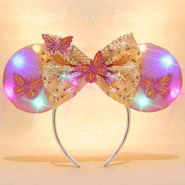 Unicra Light Up Headbands Mouse Ears Headband Bow Hair Accessories for Women and Girls (Pink Ears - Butteryfly, Free Size)
