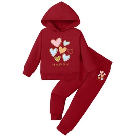 Toddler Baby Girl Clothes - Happy Heart Print Kids Sweatshirt Sweatpants Hooded Outfit 2Pcs Set(Red,110,12731b)