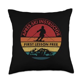 Skiing Gear Skier Costume Ski Kids Men Women Trip Skier Apres Ski Instructor First Lesson is Free Throw Pillow, 18x18, Multicolor