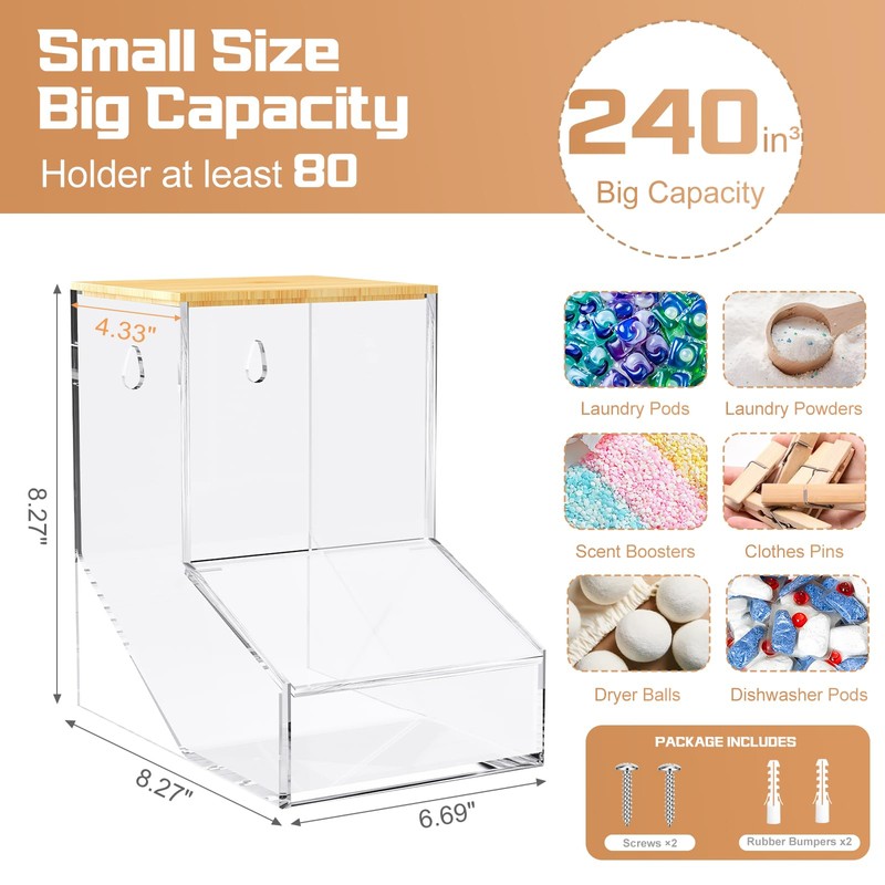 JYPS Laundry Box,Acrylic Dishwasher Pod Holder with 2 Lids,Powder Dispenser,Drying