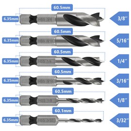 Mesee 6 Piece Stubby Drill Bit Set, HSS Wood Twist Drill Bit Set, 1/4 Inch Hex Shank Brad Point HSS Short Drill Bit Set for Wood and Soft Metals Aluminium Iron Sheet Copper